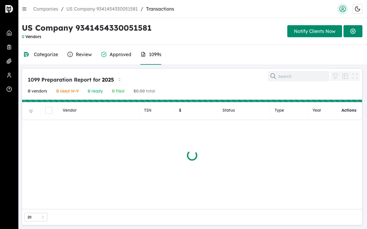 1099 Report panel with vendor list and summary statistics