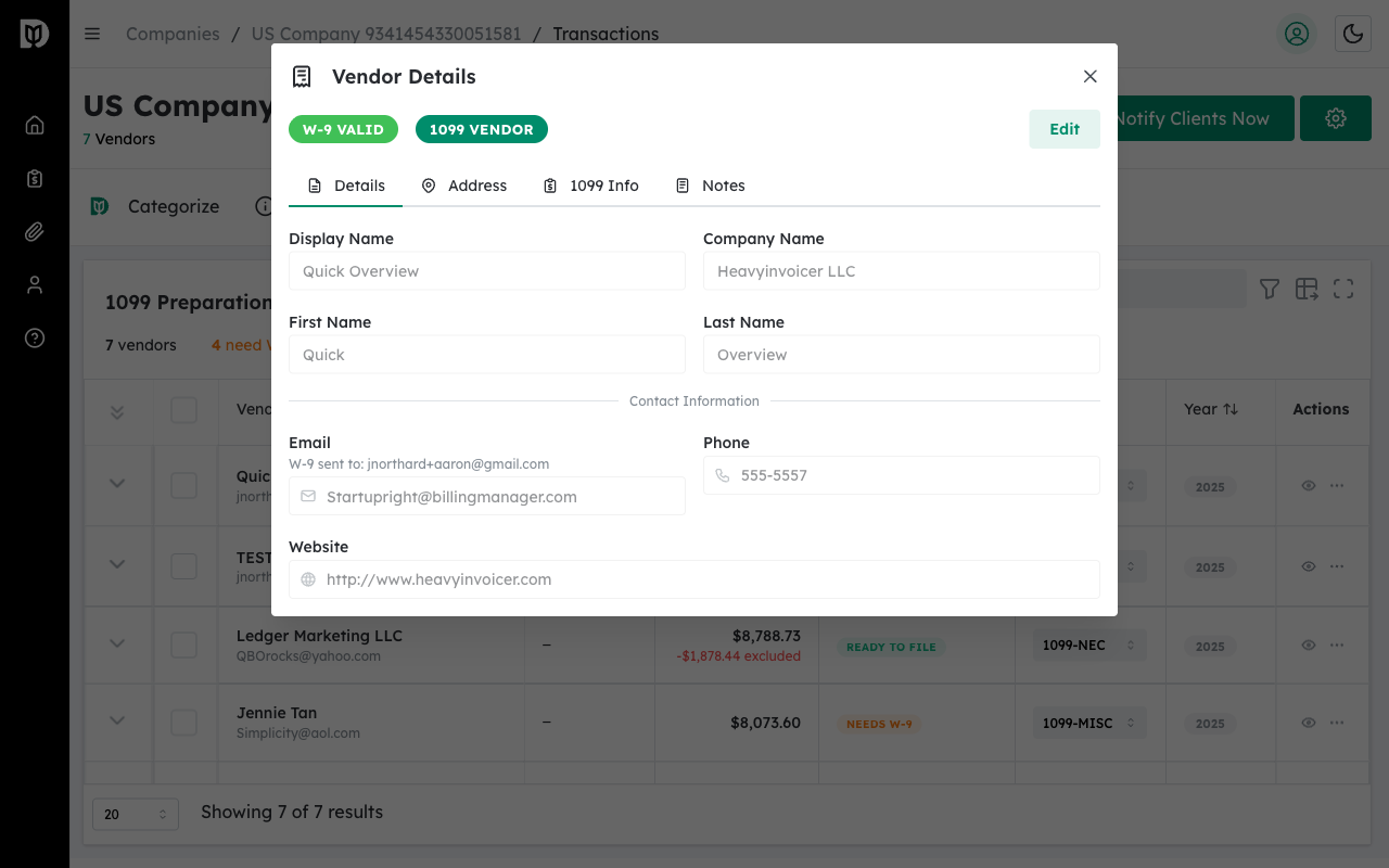 Vendor Details modal showing all information tabs