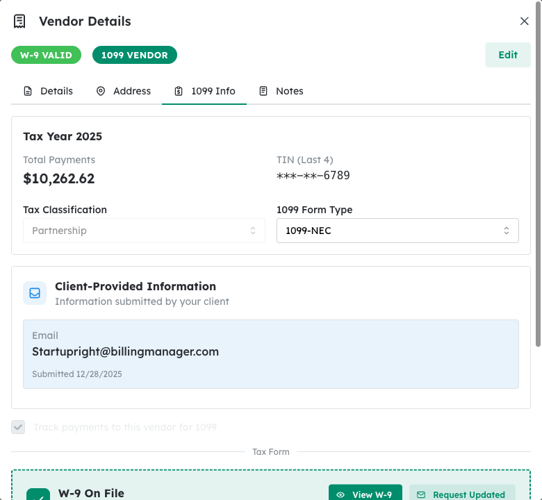 W-9 section showing status and details