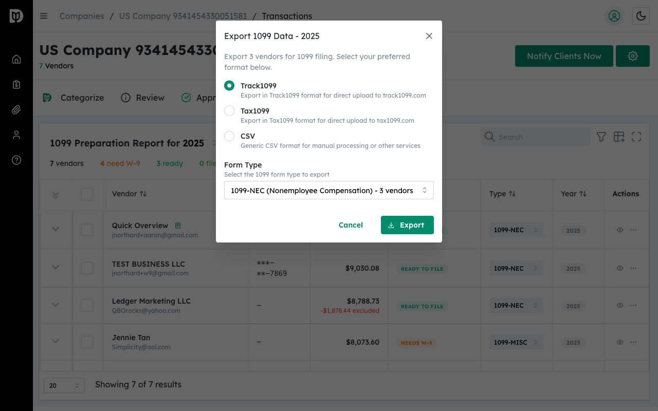 Export modal showing format options