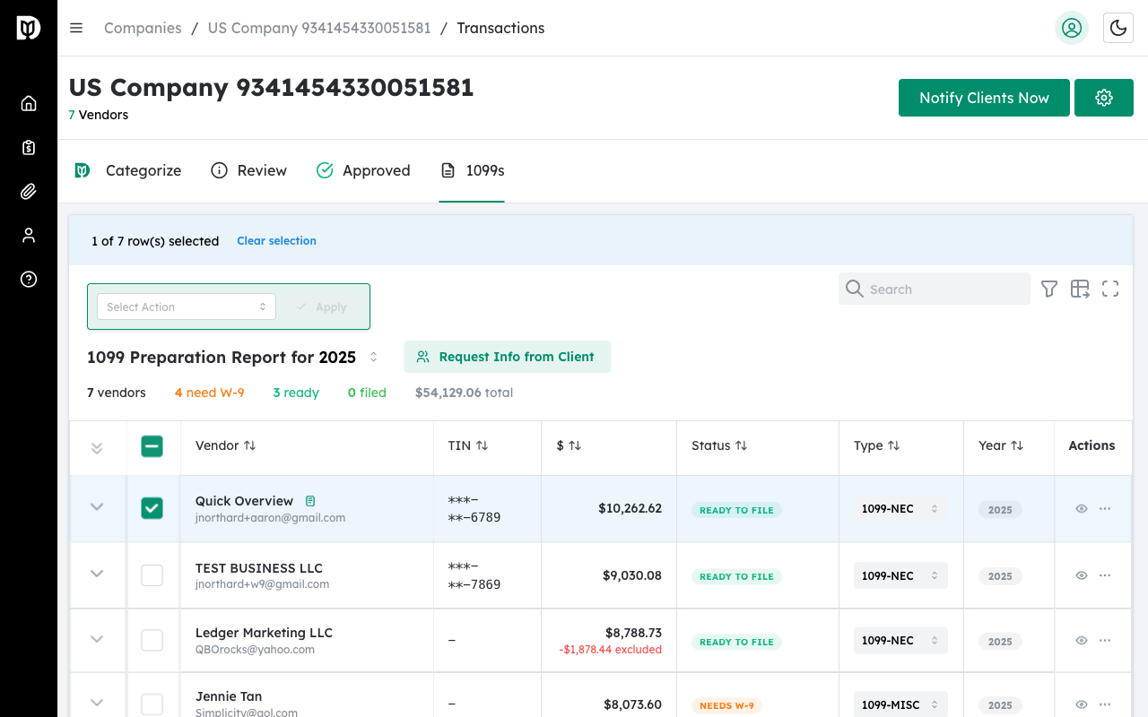 Multiple vendors selected for bulk action