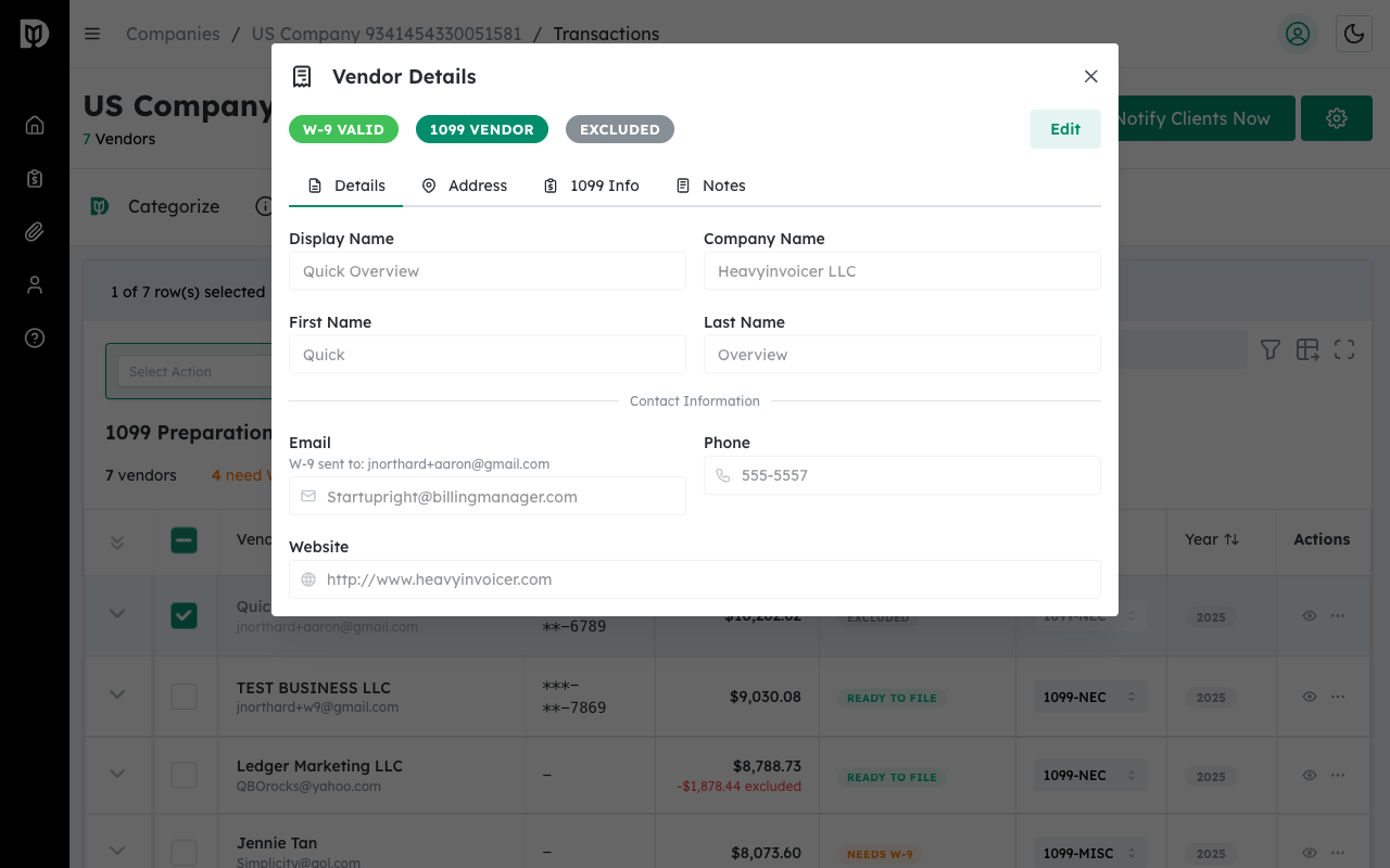 Vendor Details modal showing Excluded badge in header