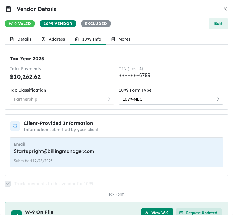 1099 Info tab showing excluded amount