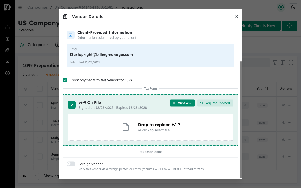 Foreign Vendor toggle and country selection