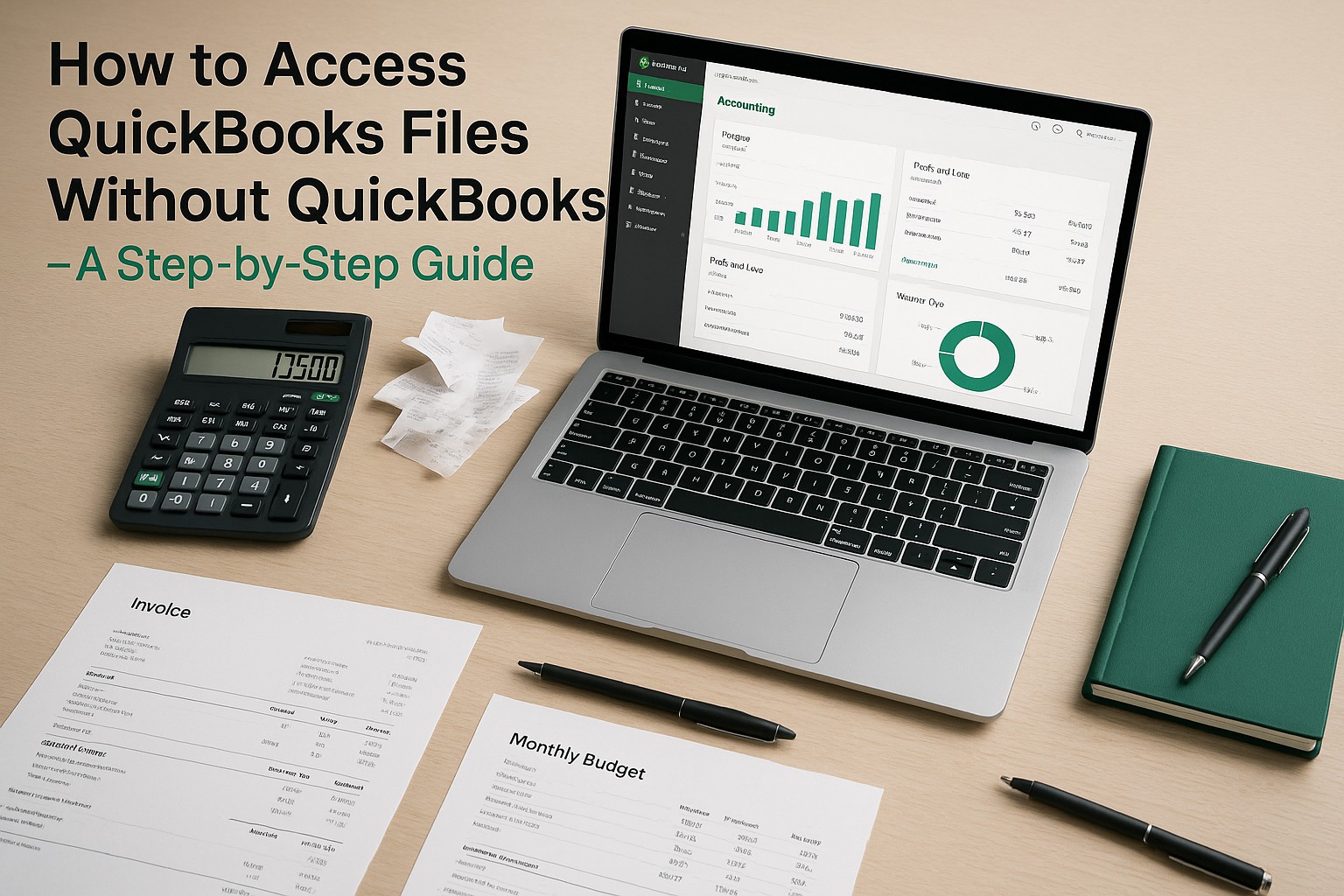 Accountant reviewing QuickBooks company files on a laptop without using the QuickBooks software, surrounded by financial documents.