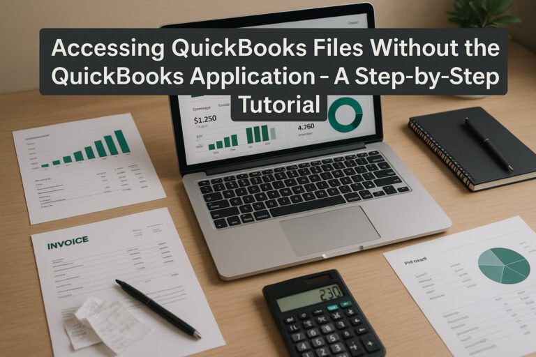Accountant viewing QuickBooks company file on a laptop without using the QuickBooks application, surrounded by bookkeeping documents.