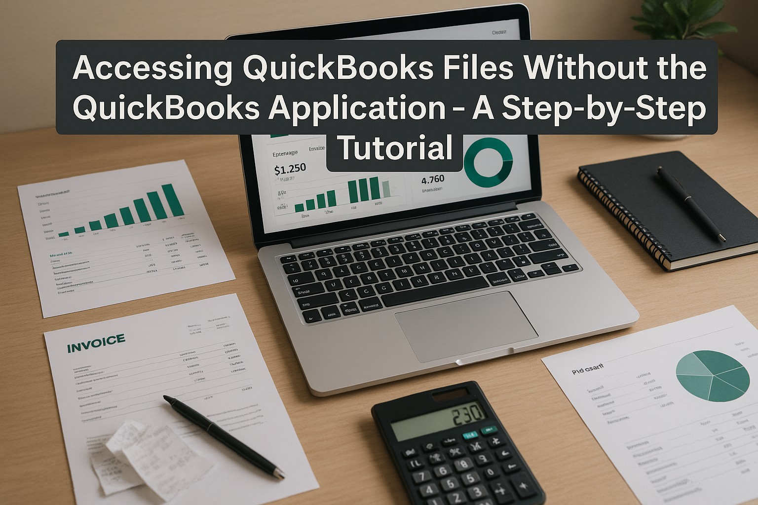 Accountant viewing QuickBooks company file on a laptop without using the QuickBooks application, surrounded by bookkeeping documents.