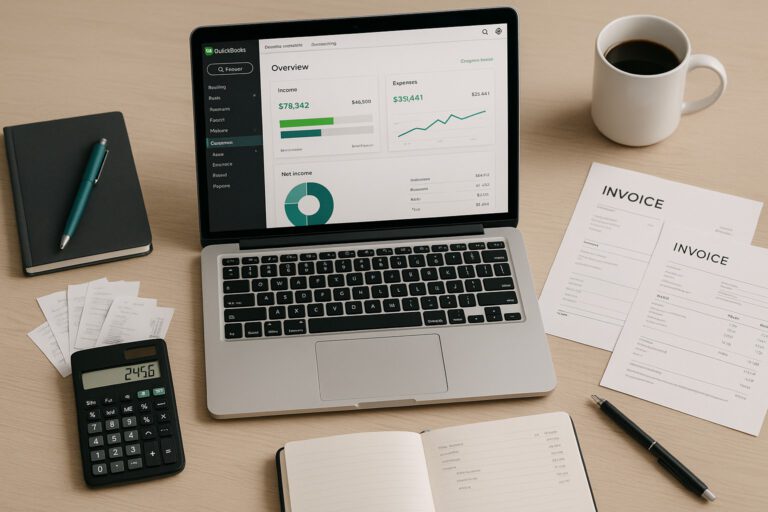 A small business owner inviting an accountant to collaborate in QuickBooks Online on a laptop.