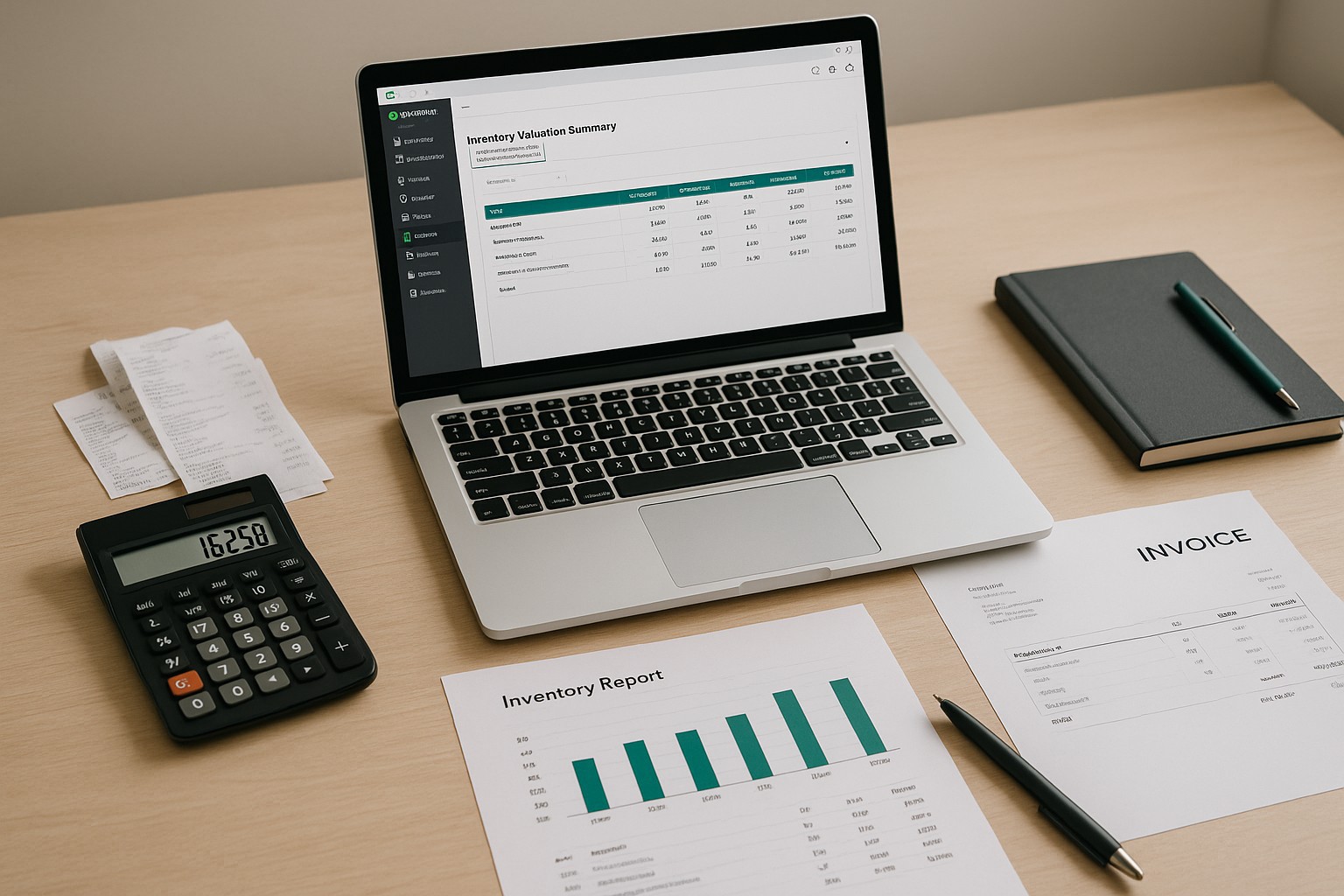 A small business owner reviews inventory adjustments on a laptop using QuickBooks accounting software.