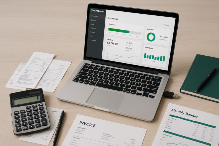 Small business owner backing up QuickBooks data to a USB flash drive on a laptop in an office setting.