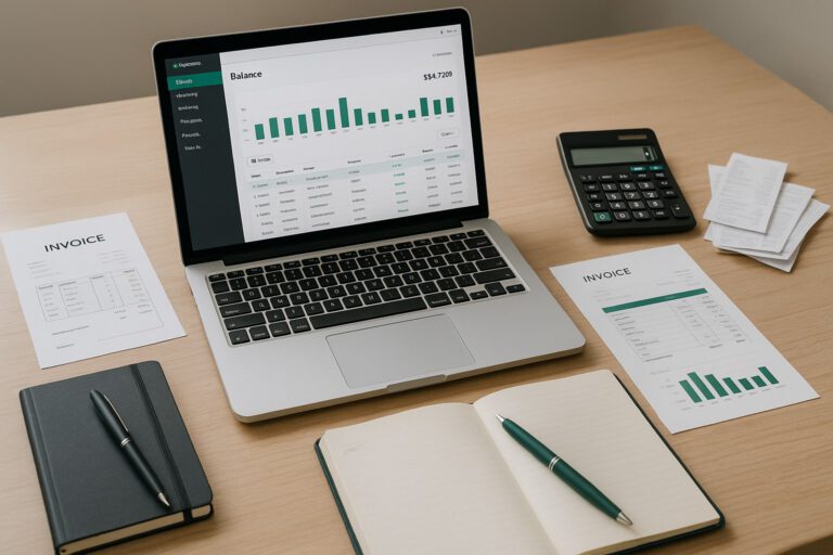 Small business owner reconciling bank account using QuickBooks Online on a laptop with financial documents on desk.