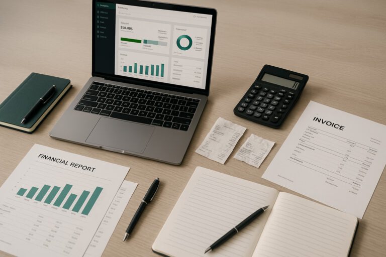 Accountant reviewing a bookkeeping engagement letter with a small business owner, QuickBooks dashboard visible on laptop screen.