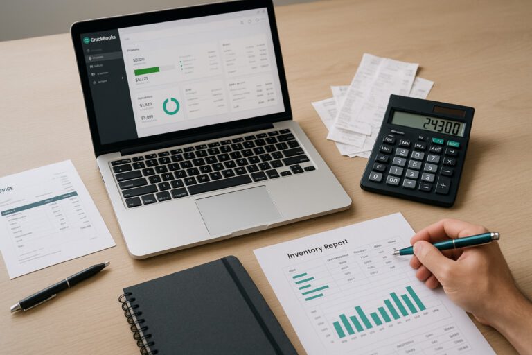 Small business owner reviewing beginning inventory figures in QuickBooks on a laptop with accounting documents nearby.