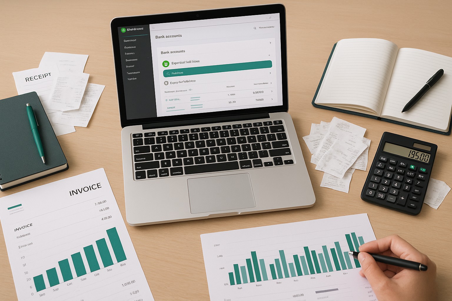 Business owner updating bank account details for tax payments in QuickBooks on a laptop, surrounded by accounting documents.