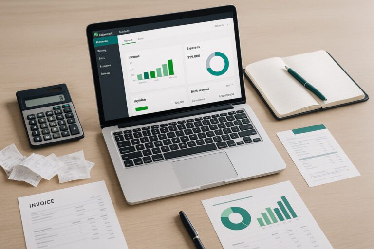 Accountant updating payroll bank account information in QuickBooks on a laptop at a small business office.