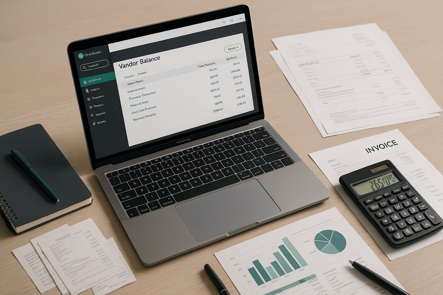 Screenshot of QuickBooks vendor balance report on a laptop in an office setting