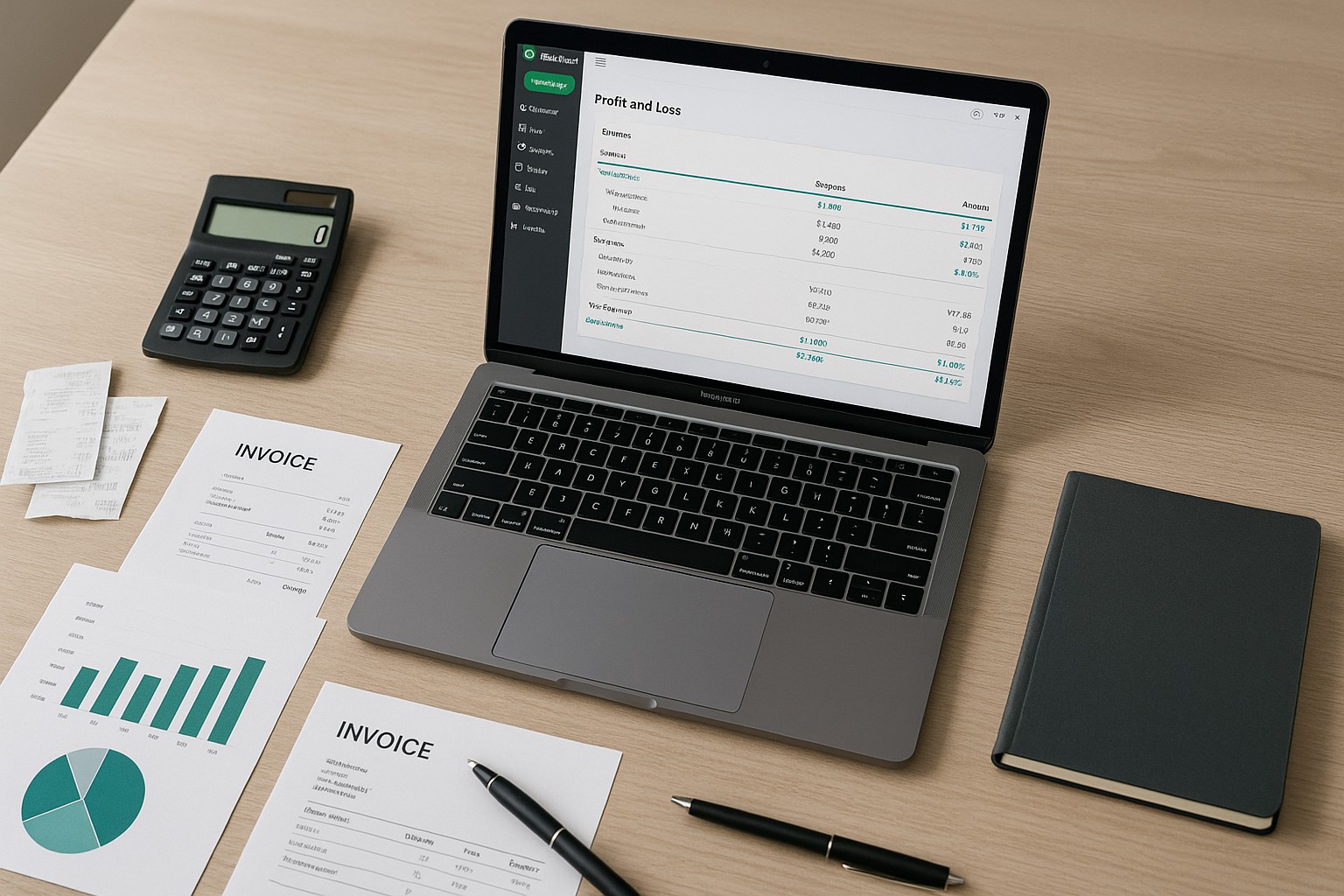 Accountant reviewing financial statements on a laptop with QuickBooks Online dashboard visible, surrounded by paperwork and calculator.