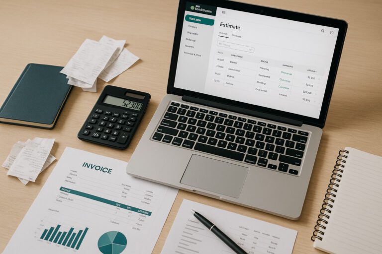 Small business owner using QuickBooks Online on a laptop to convert an estimate into an invoice, surrounded by accounting paperwork.