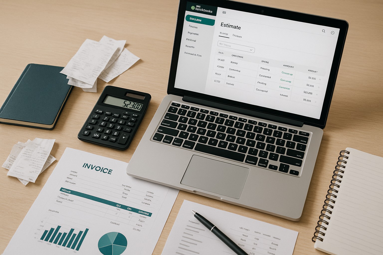 Small business owner using QuickBooks Online on a laptop to convert an estimate into an invoice, surrounded by accounting paperwork.