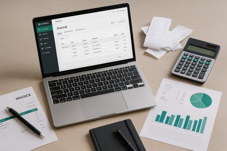 A computer screen displaying an Excel spreadsheet being converted to IIF format for import into QuickBooks, with accounting documents and a calculator nearby.