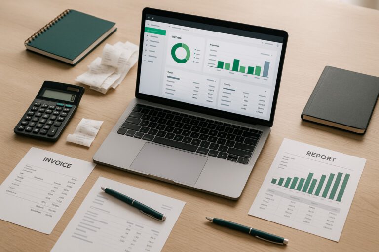 Accountant working on a laptop with QuickBooks Enterprise and QuickBooks Online dashboards displayed side by side, illustrating data migration.