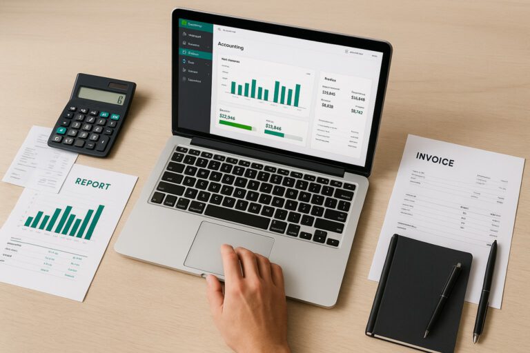 Accountant at desk using a laptop with QuickBooks Online on screen, transferring data to a desktop computer running QuickBooks Desktop.