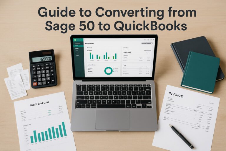 Accountant transferring financial data from Sage 50 to QuickBooks on a laptop with spreadsheets and accounting reports on desk.