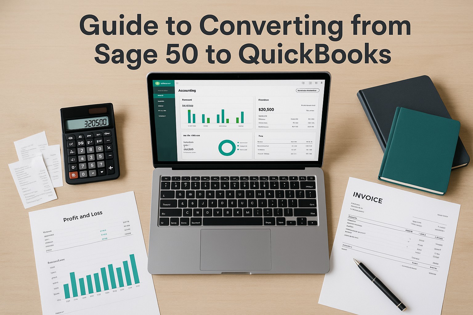 Accountant transferring financial data from Sage 50 to QuickBooks on a laptop with spreadsheets and accounting reports on desk.