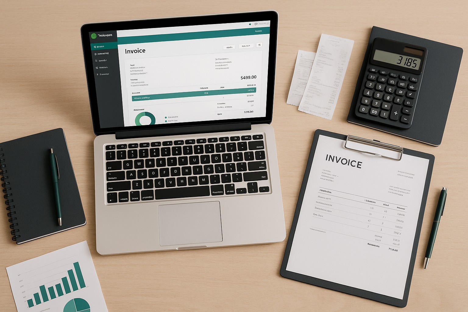 Screenshot of QuickBooks Online dashboard with an open invoice created from an Excel template, showing accounting workflow.