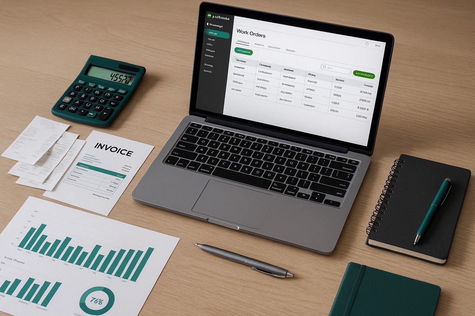 Small business owner creating a work order in QuickBooks on a laptop, surrounded by accounting documents and office supplies.