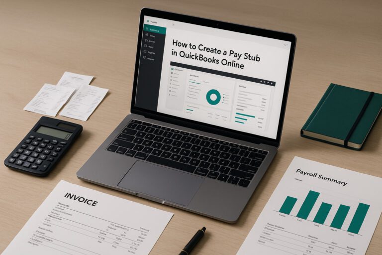 Screenshot of QuickBooks Online payroll dashboard showing pay stub creation for small business employees