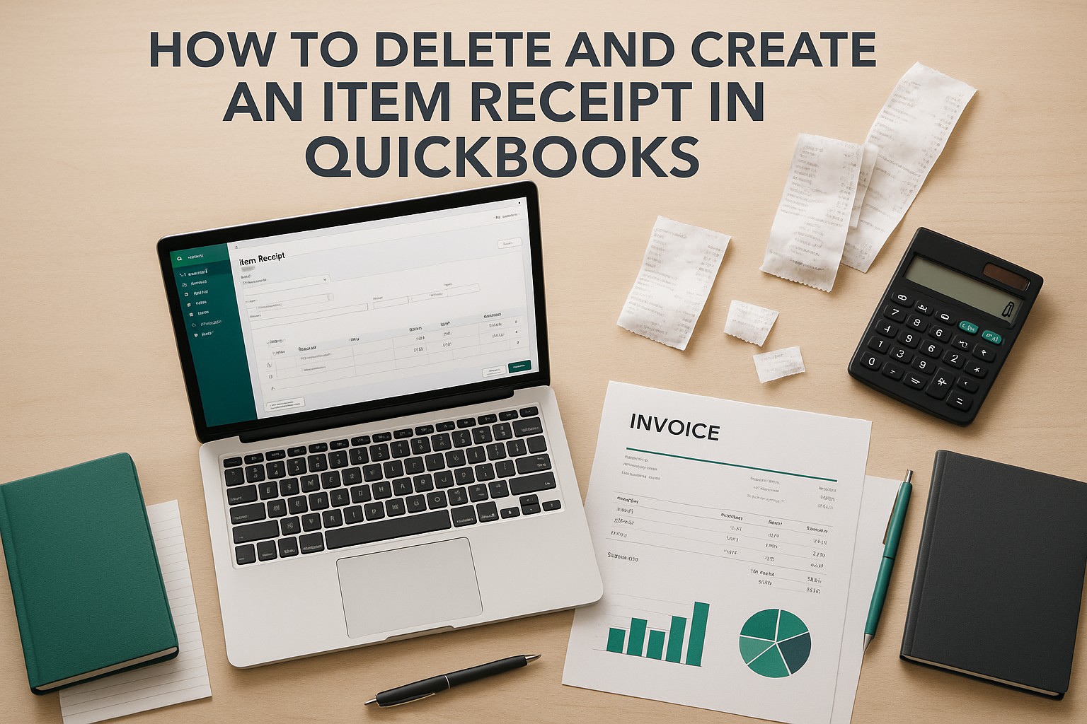 Screenshot of QuickBooks interface showing steps to delete and create an item receipt for small business accounting.
