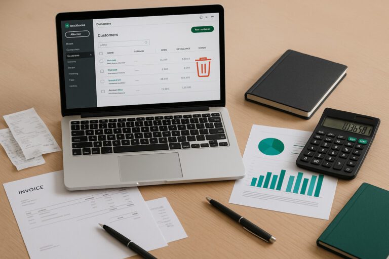 Screenshot of QuickBooks Online customer list with a user selecting a customer for deletion