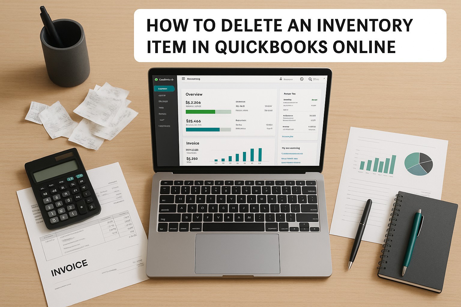 QuickBooks Online dashboard showing inventory item list with a user preparing to delete an item