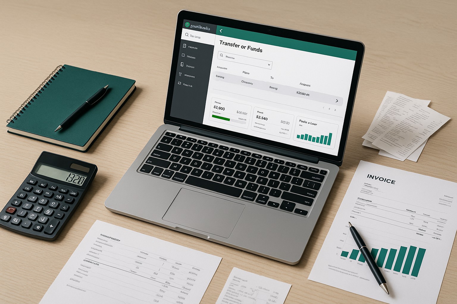 User navigating QuickBooks Online dashboard to delete a funds transfer transaction for small business accounting.