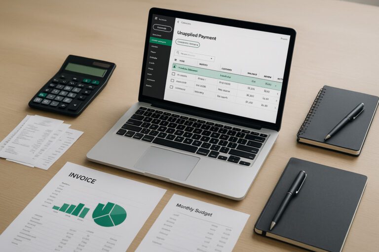 Accountant managing unapplied payments in QuickBooks Online on a laptop, reviewing small business transactions.