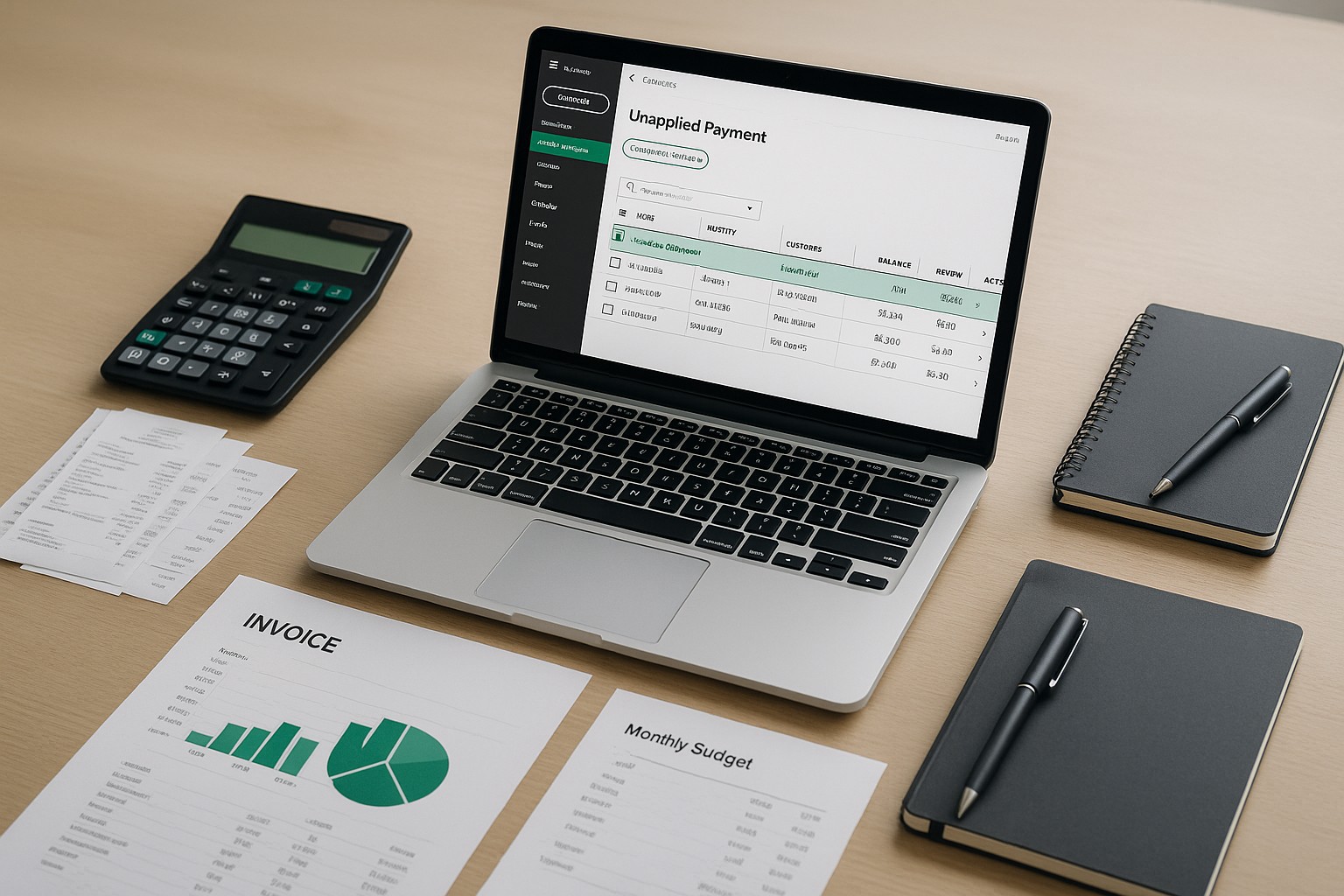 Accountant managing unapplied payments in QuickBooks Online on a laptop, reviewing small business transactions.