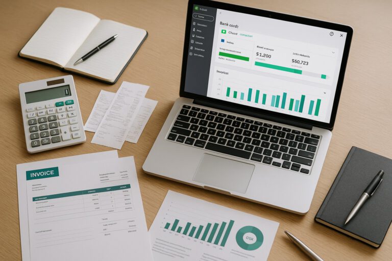 A small business owner using a laptop to import Chase Bank statements into QuickBooks accounting software.