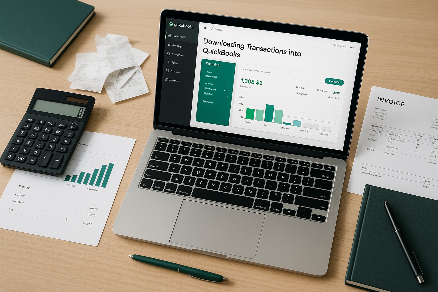 Small business owner using a laptop to import bank transactions into QuickBooks software, surrounded by accounting documents and a calculator.