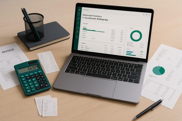 Screenshot of QuickBooks Enterprise inventory settings with advanced inventory options highlighted for small business accounting.