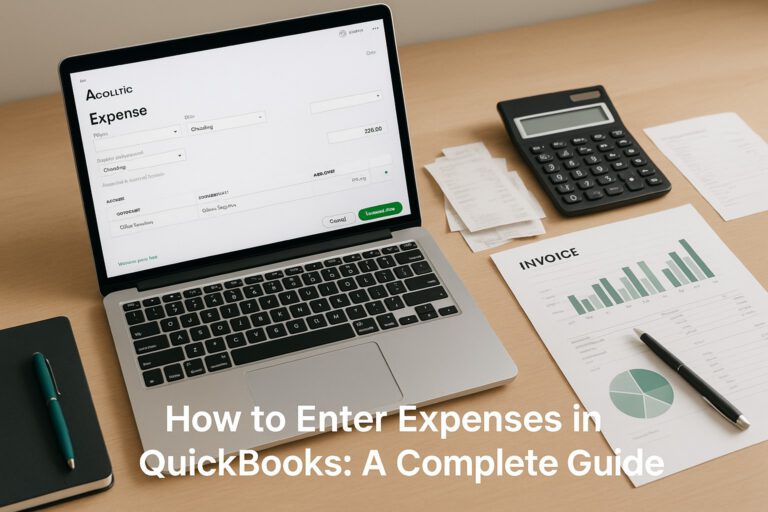 Small business owner entering expenses in QuickBooks on a laptop with financial documents and calculator on the desk.