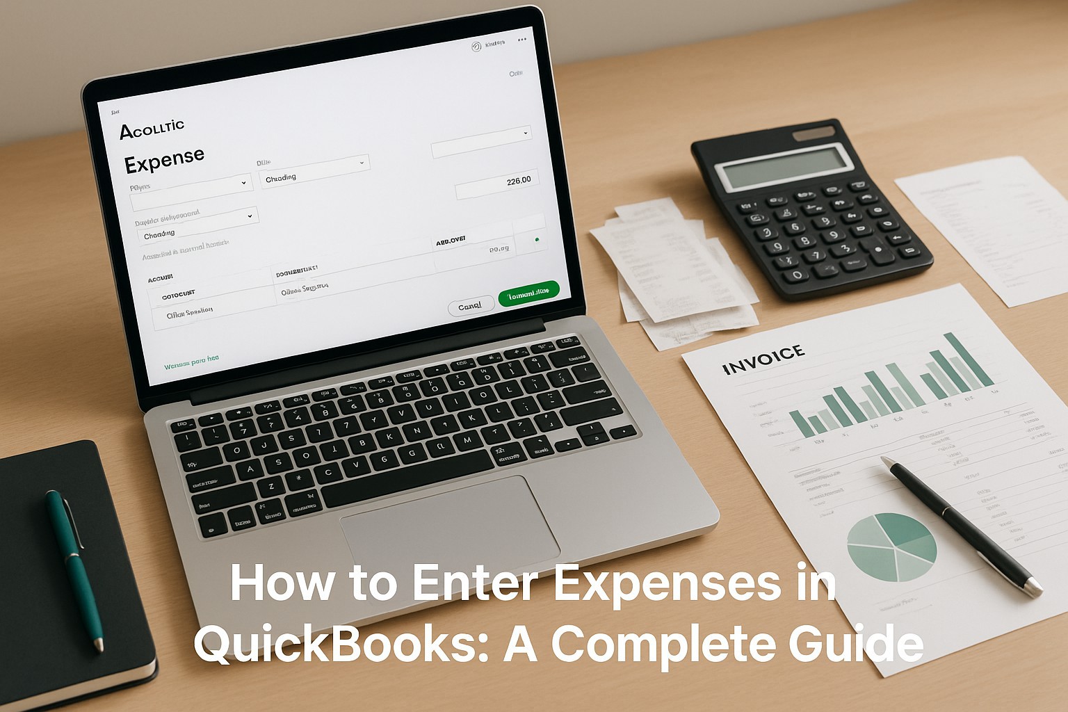 Small business owner entering expenses in QuickBooks on a laptop with financial documents and calculator on the desk.