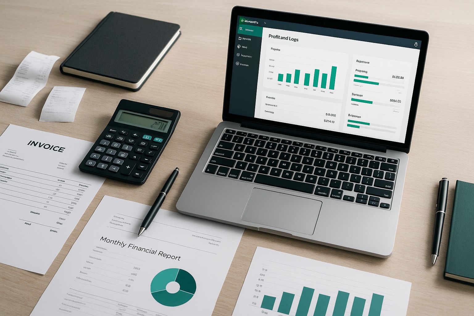 A business owner exporting CSV files into QuickBooks on a laptop, with spreadsheets and accounting documents on the desk.