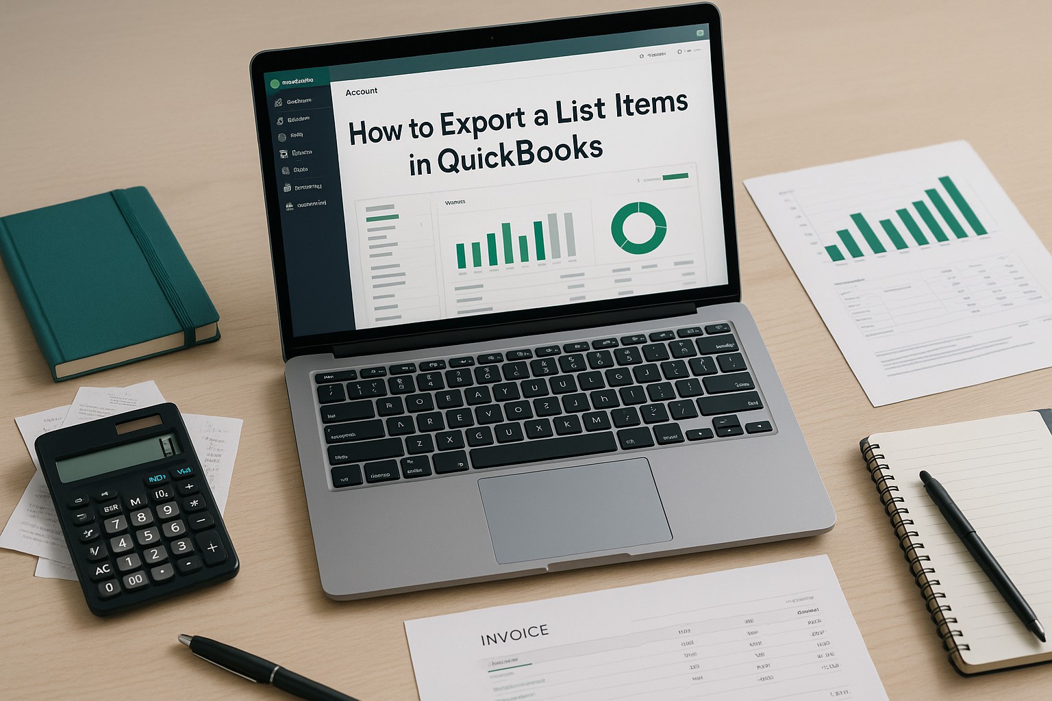 QuickBooks dashboard showing item list export options for small business accounting.