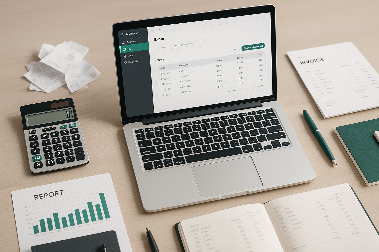 Accountant exporting timesheet data from QuickBooks Desktop to QuickBooks Online on a laptop, with spreadsheets and financial documents on the desk.