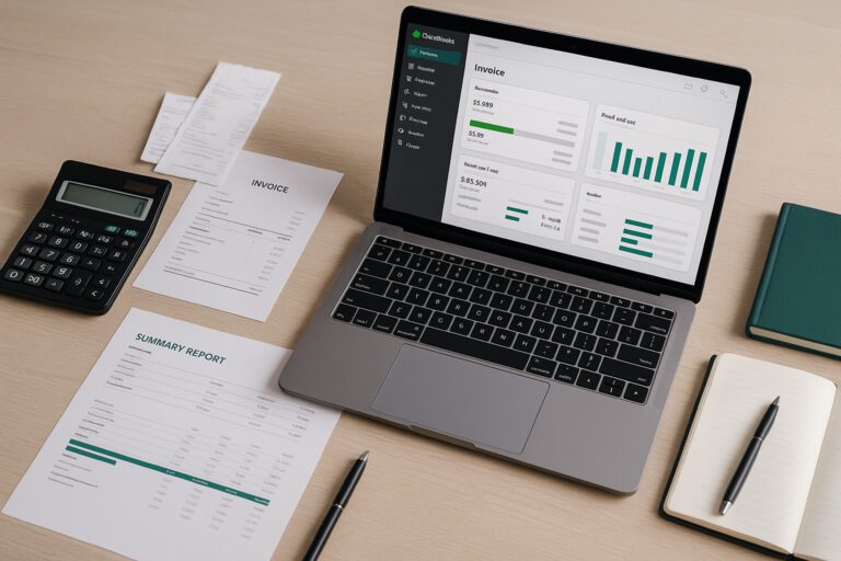 Accountant troubleshooting 504 Gateway Timeout Error on QuickBooks dashboard with laptop and error message displayed