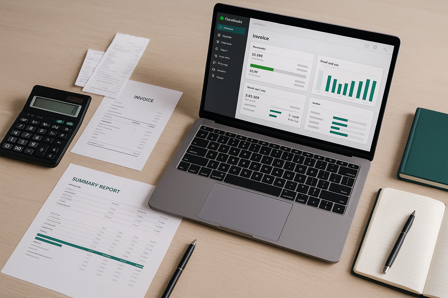 Accountant troubleshooting 504 Gateway Timeout Error on QuickBooks dashboard with laptop and error message displayed