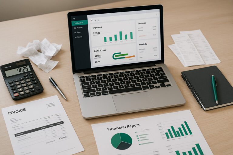 Accountant reviewing QuickBooks error messages on a laptop in a small business office setting