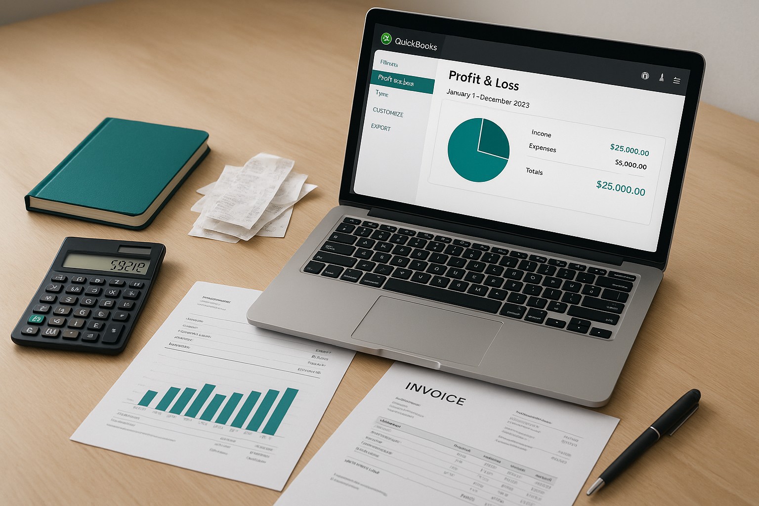 Accountant reviewing incorrect profit and loss report on QuickBooks dashboard, analyzing financial data on a laptop.