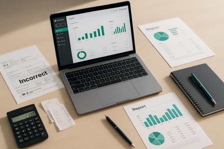 Accountant reviewing W-2 form on a laptop using QuickBooks Payroll in a small business office setting.